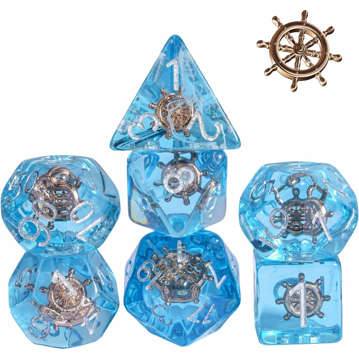UDIXI Polyhedral Dice Set 7pcs D&D Ladder, Blue DND Dice with White Floating Silk for Dungeons & Dragons RPG MTG and Other Tabletop Games