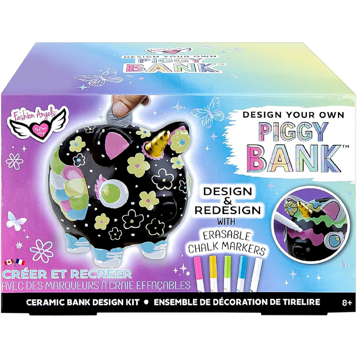 Fashion Angels Design Your Own Piggy Bank - Ceramic Unicorn Piggy Bank with Markers and Eraser - Design and Redesign - Ages 8 and Up