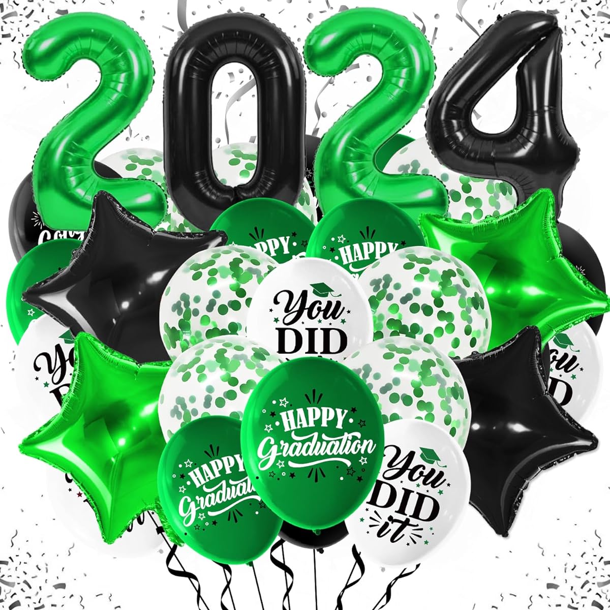LARRAZABAL Graduation Balloons 2024 Graduation Party Decorations, Graduation Green Confetti Balloons, Graduation Theme Latex Balloons for 2024 Graduation Party Supplies