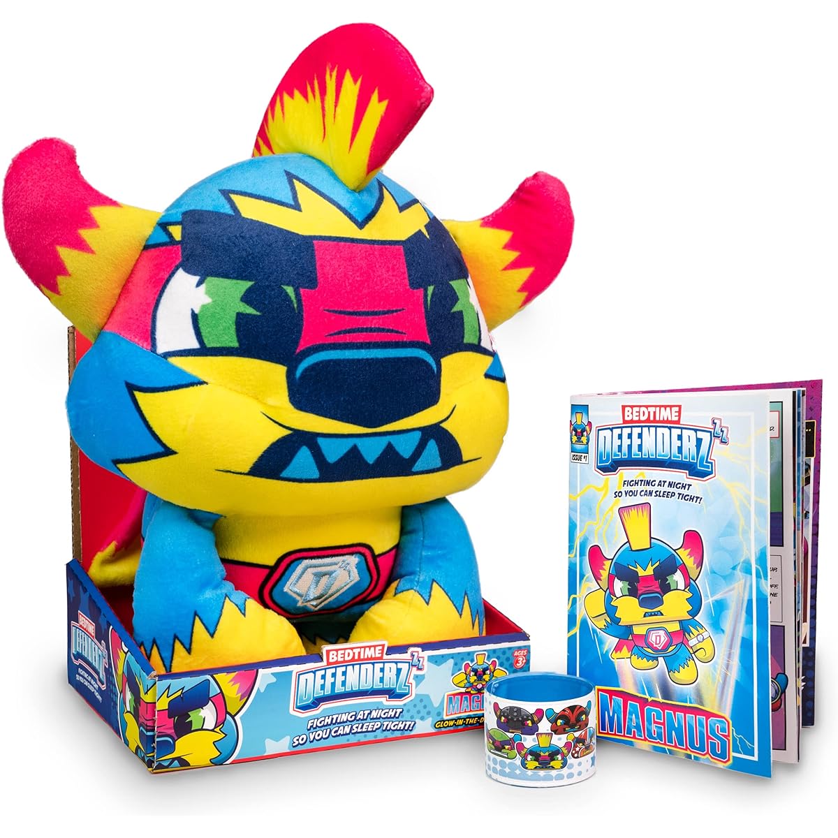 Scentco Bedtime Defenderz (Magnus) - 10" Plush with Glow in the Dark Belt Buckle, Comic Book & Slap Bracelet
