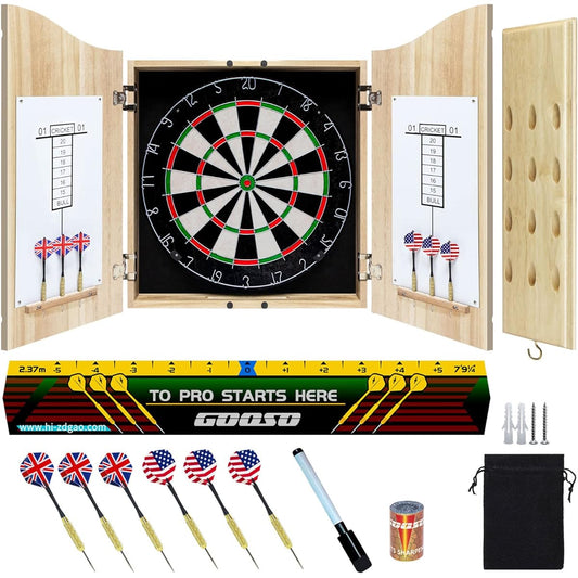 Dartboard Cabinet Set 18" Bristle Dartboard Dart Holder Wall Mount Dart Throw Line Ready to Play Bundle Steel Tip Dart Set