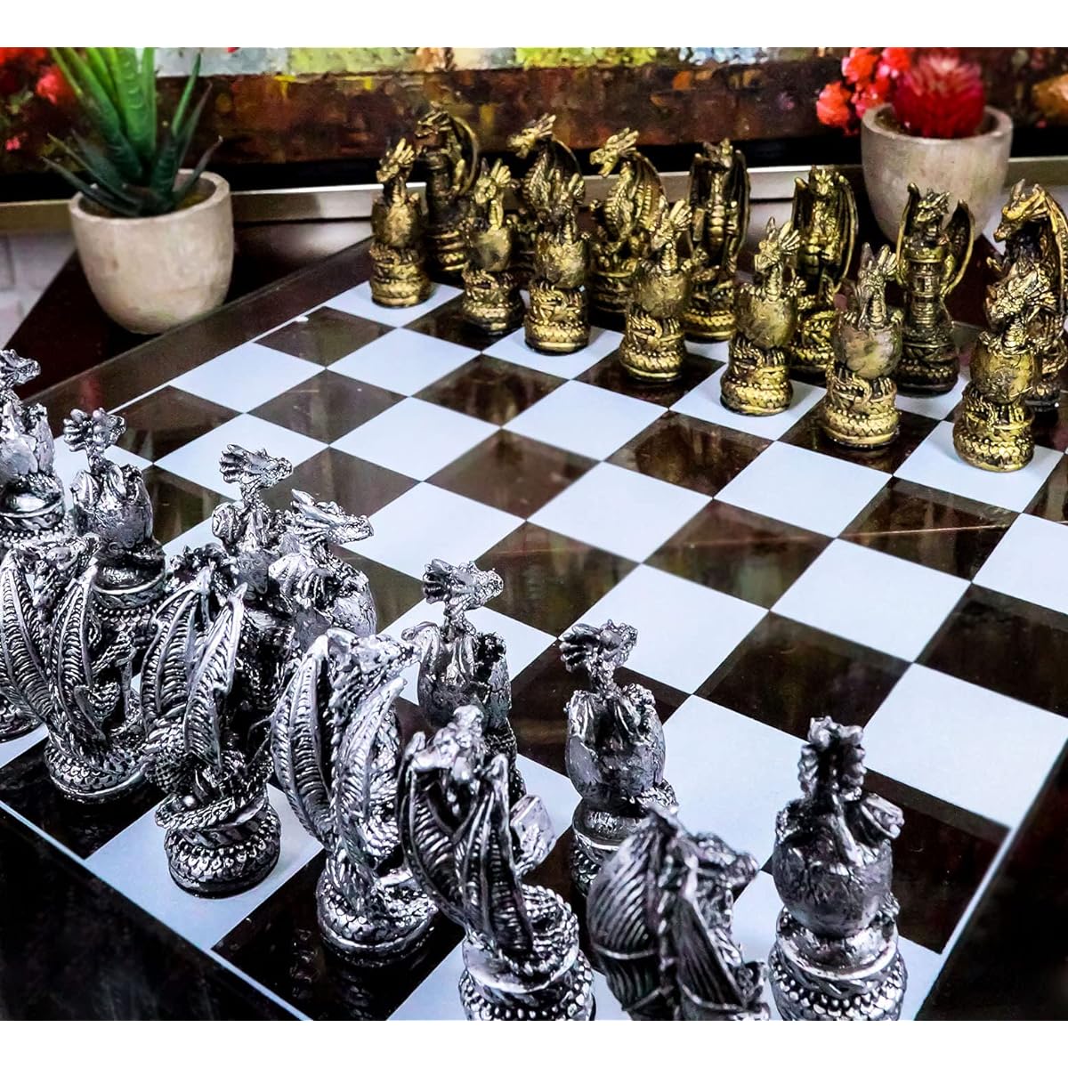 Ebros Mythology Medieval Fantasy Silver and Gold Dragons Old World Kingdoms Resin Chess Pieces Frosted Glass Board Set Dungeons and Dragons Themed Brain-Calming Board Game