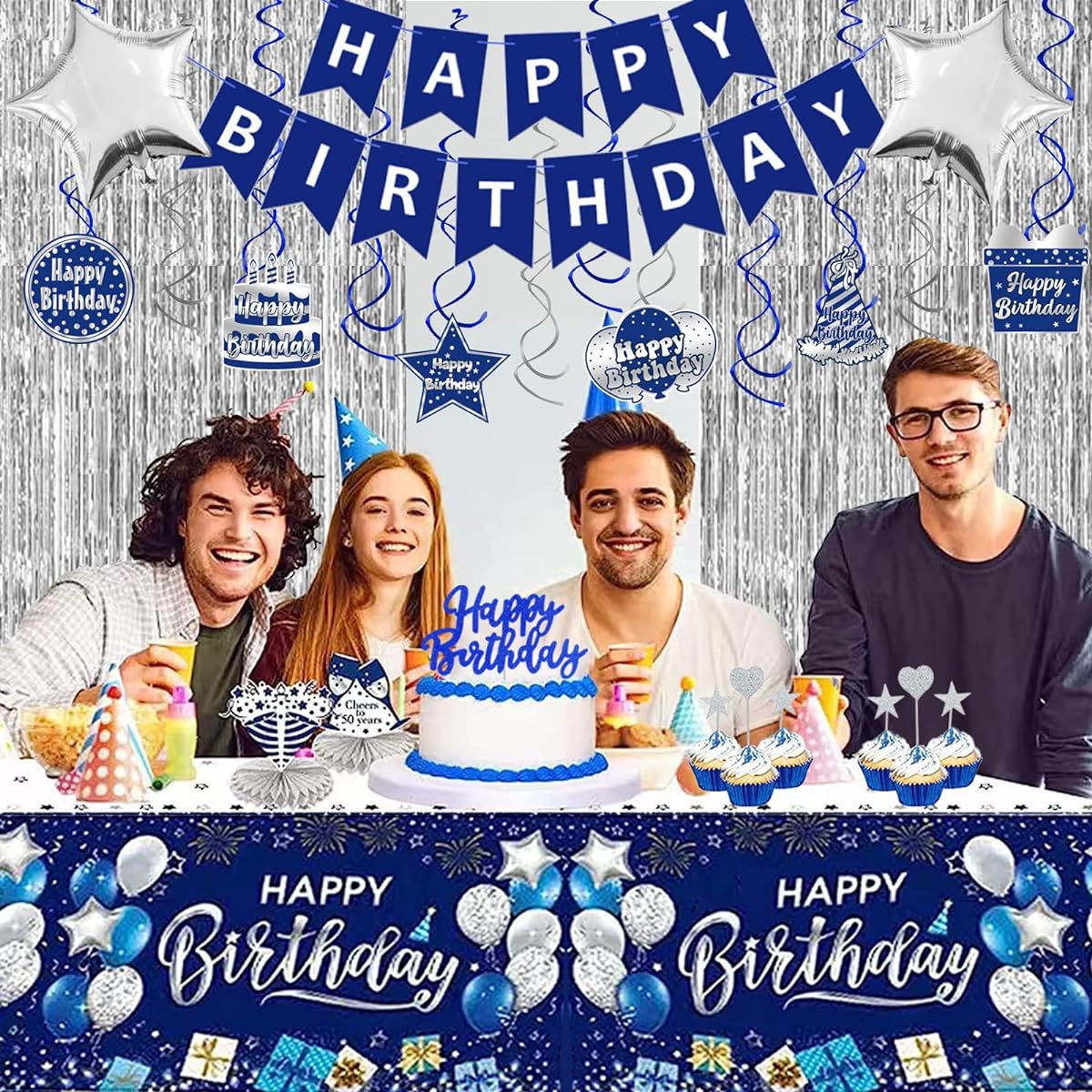 Birthday Decorations for Men Navy Blue Silver Happy Birthday Banner Birthday Balloons