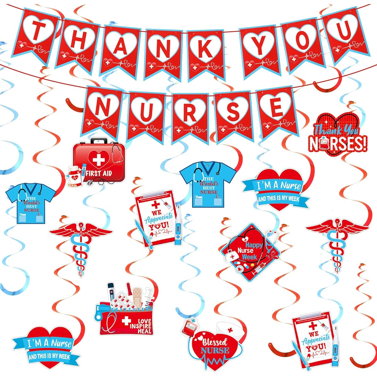 DTOFOOT Nurse Party Decorations Red and Blue Hanging Swirl Foil Ceiling Streamers and Thank You Banner for Medical Party, RN Party, CNA Week Party, Nursing Graduation Party