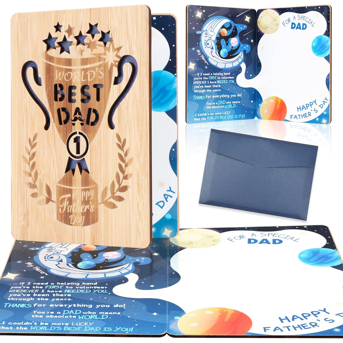 HOWAF Father's Day Cards, Best Dad Ever Wooden Greeting Cards for Father's Day Dad's Birthday Party Supplies, Real Bamboo Wood Gift Cards with Envelopes for Dad from Son and Daughter