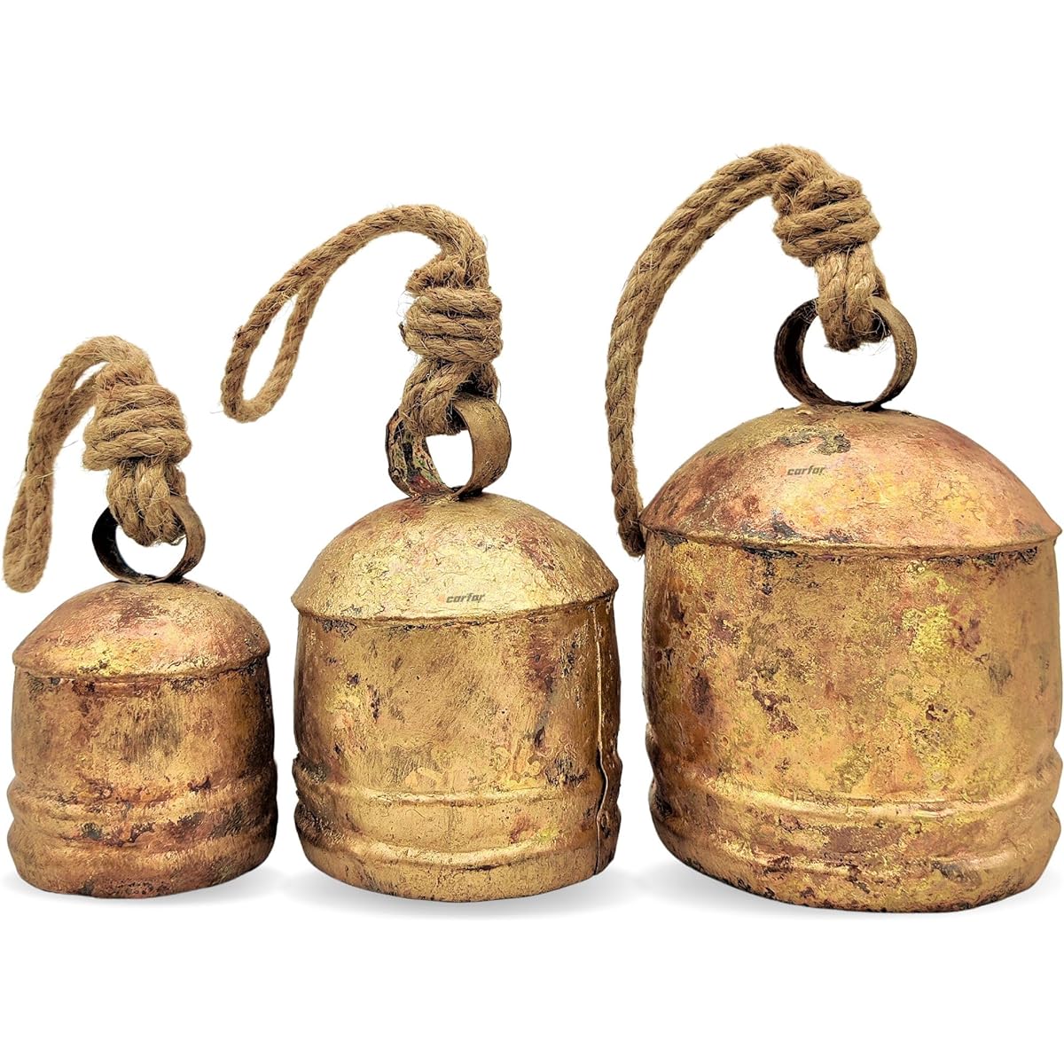 Carfar Rustic Style Large Round Bell Handmade Metal Harmony Christmas Hanging Cowbell Complete Set of Jute Rope Set of 3