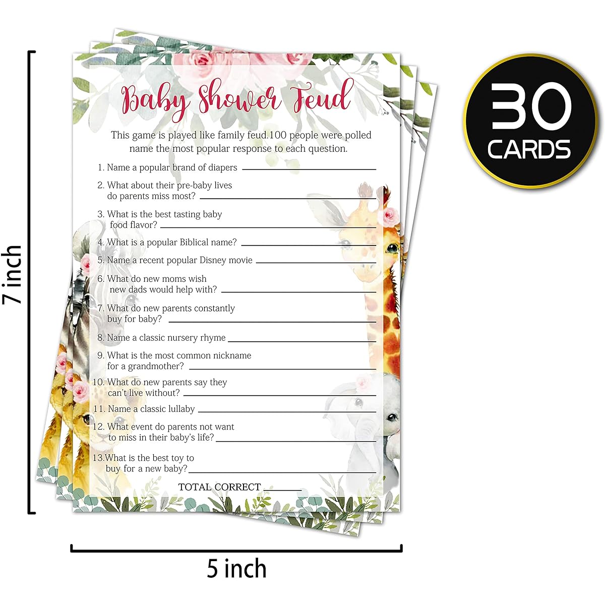 Baby Shower Fade Baby Shower Game Gender Reveal Party Supplies Jungle Animal Safari Floral Green Party Decorations - 30 Game Cards 1 Answer Card (bb002-yx05)