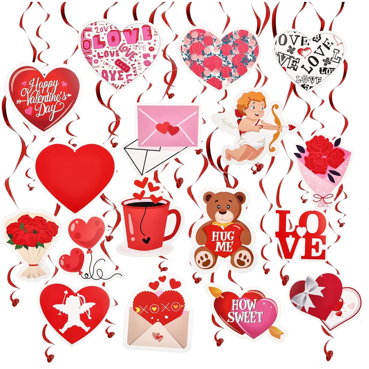 Valentine's Day Hanging Swirl Decoration Foil Swirl Ceiling Decoration Conversation Heart Bear Cupid Romantic Sign Decoration