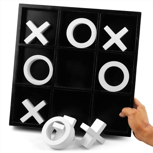 14" Wooden Tic-Tac-Toe Decorative Board Game Set for Coffee Table Decor (Black and White)