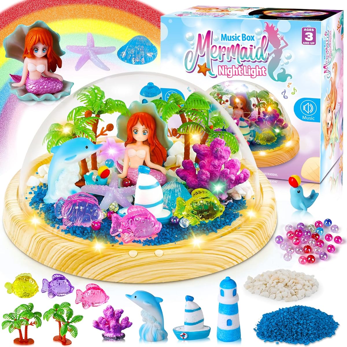 DIY Light Up Mermaid Terrarium Kit for Kids, Mermaid Toys Activity Kit Gifts Arts & Crafts, Mermaid Gifts for Girls Age 4, 6, 7, 8, 12, Birthday Gifts, Bedroom Decor