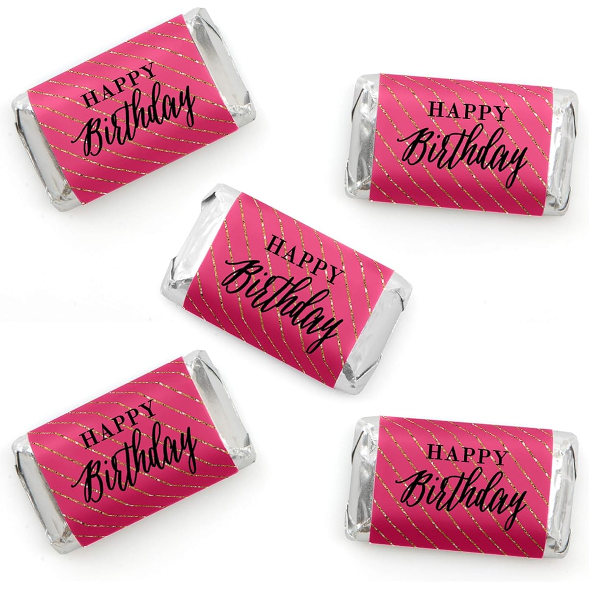 Chic Happy Birthday - Pink Black Gold - Mini Candy Bar Wrapper Stickers - Birthday Party Accessories - 40 Count