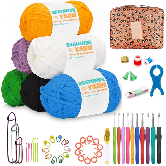 cimiycob Crochet Kit for Beginners/Adults/Kids 54 Pieces Crochet Starter Kit Crochet Kit for Beginners/Kids 6 Colors Easy Yarn 9 Hooks Crochet Bag Crochet Accessories