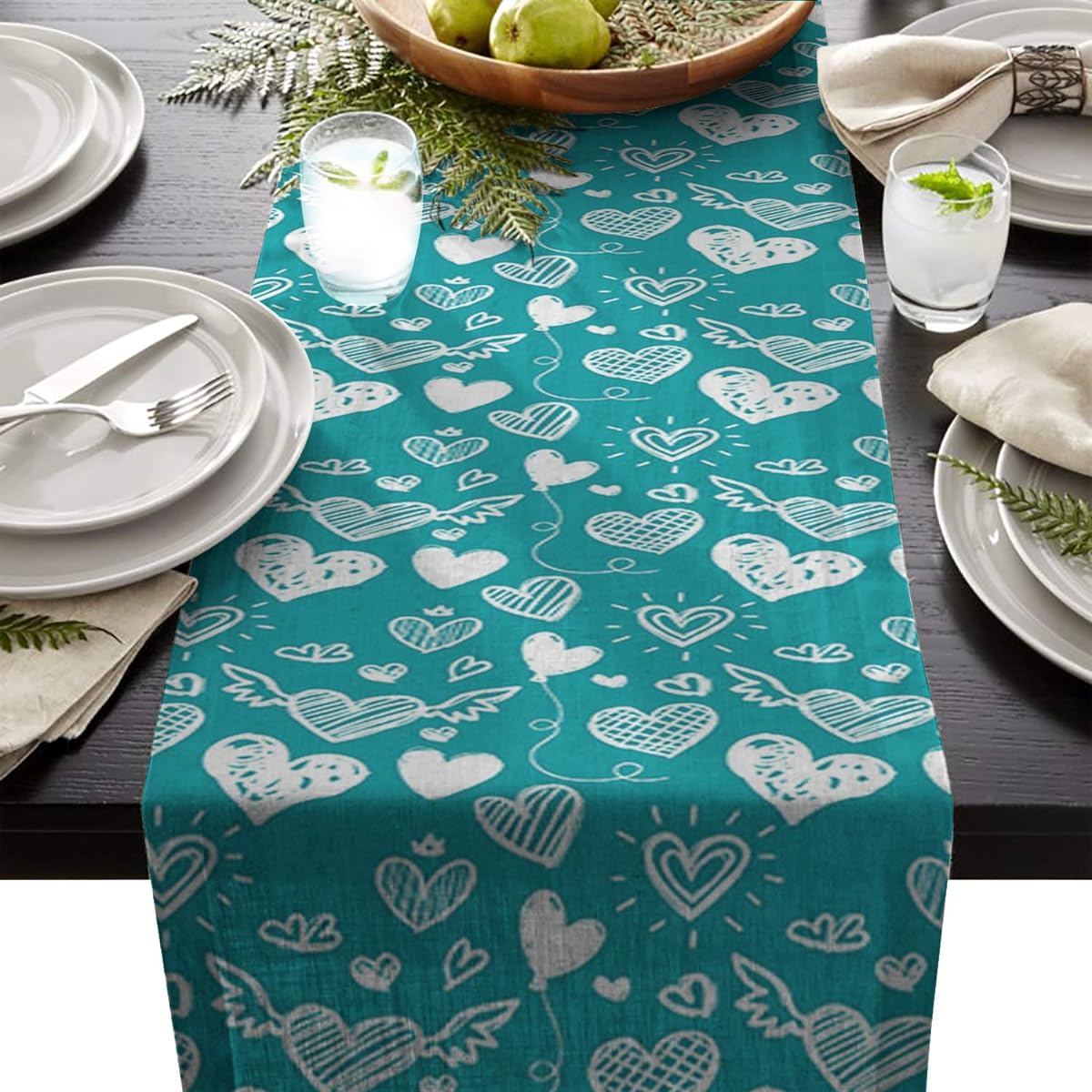 HELLOWINK Cotton Linen Burlap Table Runner for Wedding Party Holiday Dinner Home Decoration (Lovely Hearts Happy Valentine's Day Triangle) 13x90inch HWKFXQ181206DZQ-SJ-SCRY01928ZQABHWK