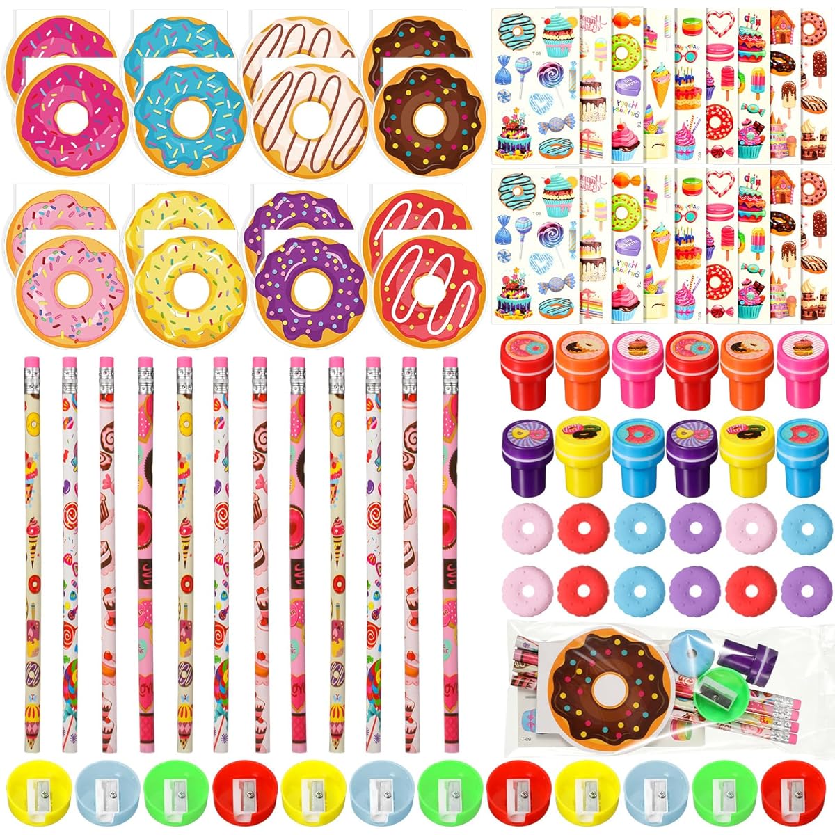 Fainne 84 Pieces Donut Party Gift Set Donut Party Bag Pencil Eraser Note Stamper Pencil Sharpener Tattoo Sticker Donut Birthday Party Gift Bag Stuffing School Reward for Kids