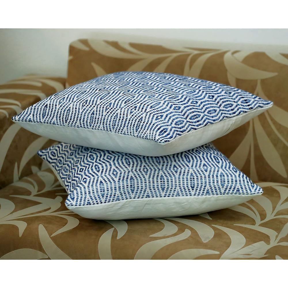 Woven Virtues Blue and White Soft Decorative Cushion Cover - Set of 2, Luxurious Hand Woven, Delicate and Fashionable, Organic and Comfortable Feel, Blue and White Diamonds in Length 50 x 50 cm