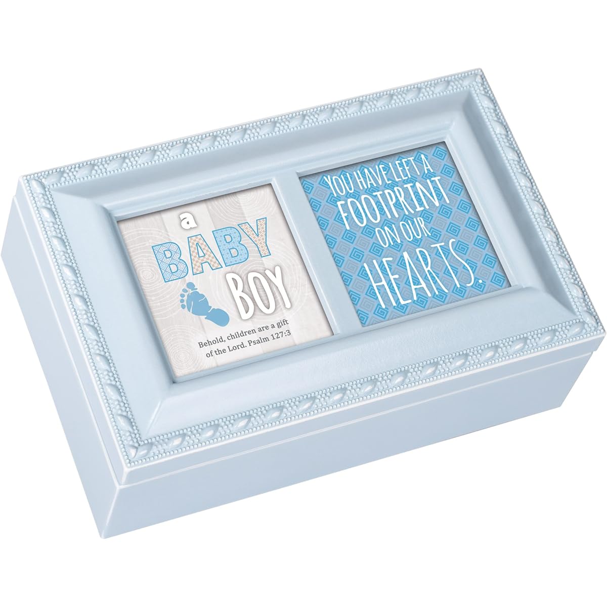 Baby Boy Footprints on Hearts Distressed Blue Petite Music Box Plays Jesus Loves Me