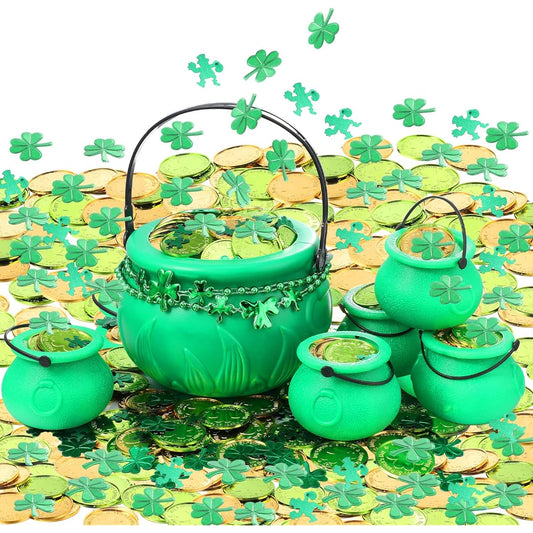 326pcs St. Patrick's Day Decorations - 200pcs Green and Gold Lucky Shamrock Plastic Coins, 144pcs Shamrock and Leprechaun Confetti, 6pcs Green Candy Kettles, 6pcs Bead Necklaces for Irish St. Patrick's Day