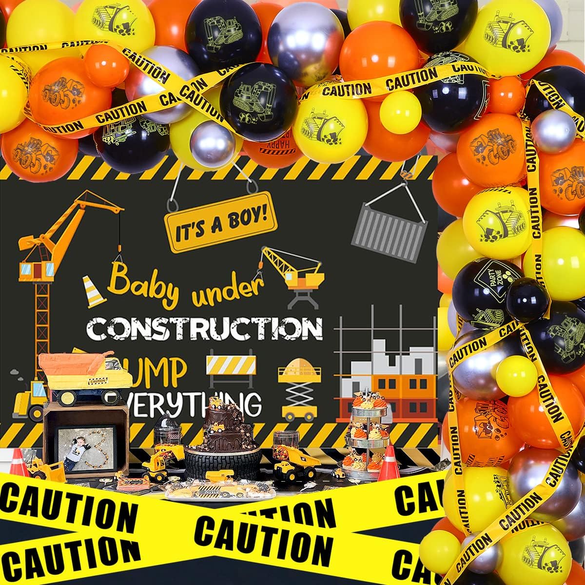 Assembled Baby Shower Decorations Yellow Orange Under Construction Party Balloon Garland Kit Dump Truck Baby Shower Decoration Excavator Birthday Backdrop Warning Tape for Construction Theme Party