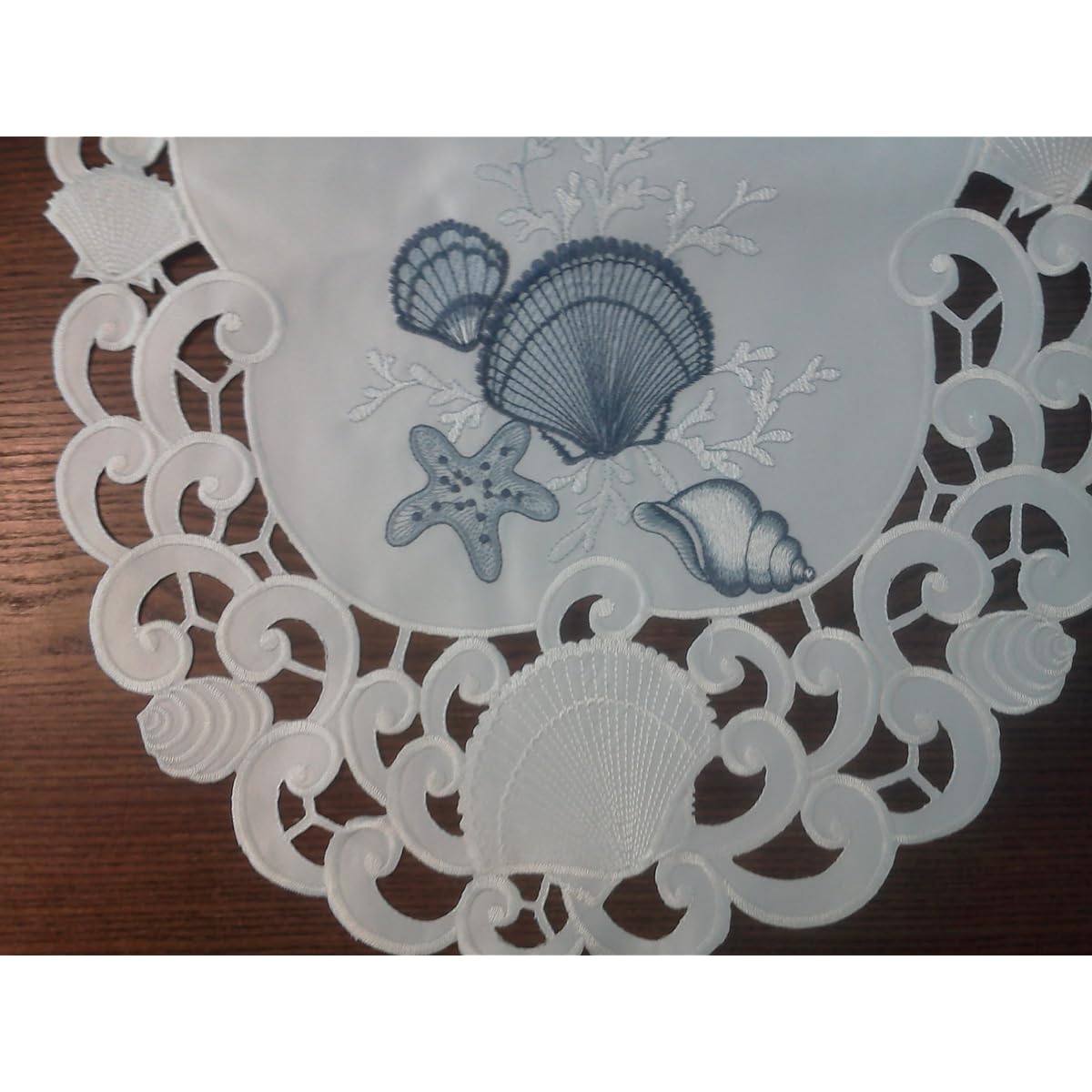 Doily Boutique Table Runner with Blue Embroidered Seashells on Bleached White Fabric, Size 70 x 15 Inches