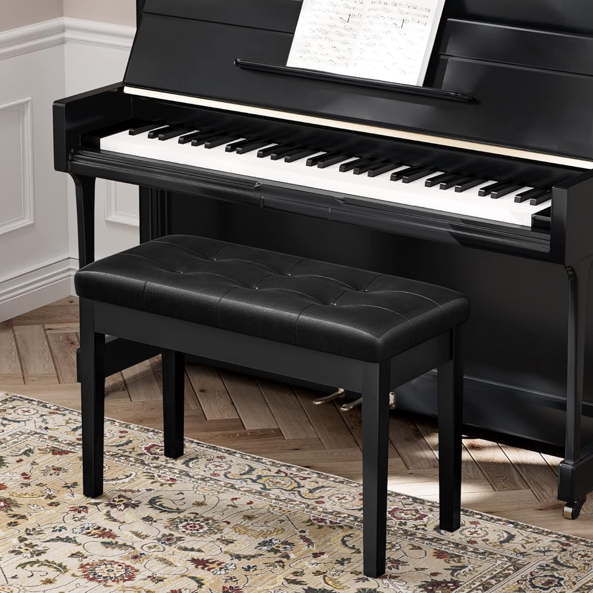 HOOBRO Duet Piano Bench with Padded Cushion and Storage Compartment Music Seat Music Bench Piano Stool Vanity Chair 300lb Capacity 11.5 x 13.6 x 19.3 inches Black BB26QD01