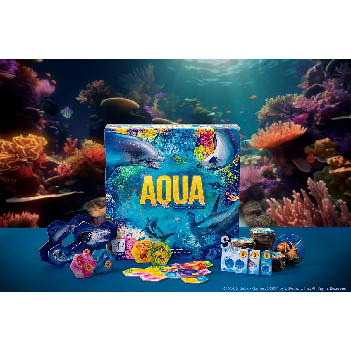 Aqua Board Game | Art by Vincent Dutright | Fun Strategy Game for Adults and Families | Themed Ocean Tile Placement Game | Ages 8+ | 1-4 Players | 30-45+ Minimum Playtime | Made by Sidekick Games