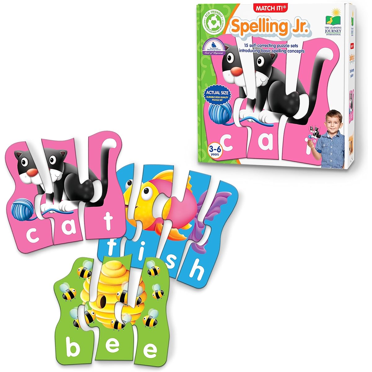 The Learning Journey - Match It! Spelling Junior - 15 Piece Self-Correcting Spelling Puzzle with Matching Pictures to 3 and 4 Letter Words - Word Puzzles for Kids Ages 3-5 - Award-Winning Toy