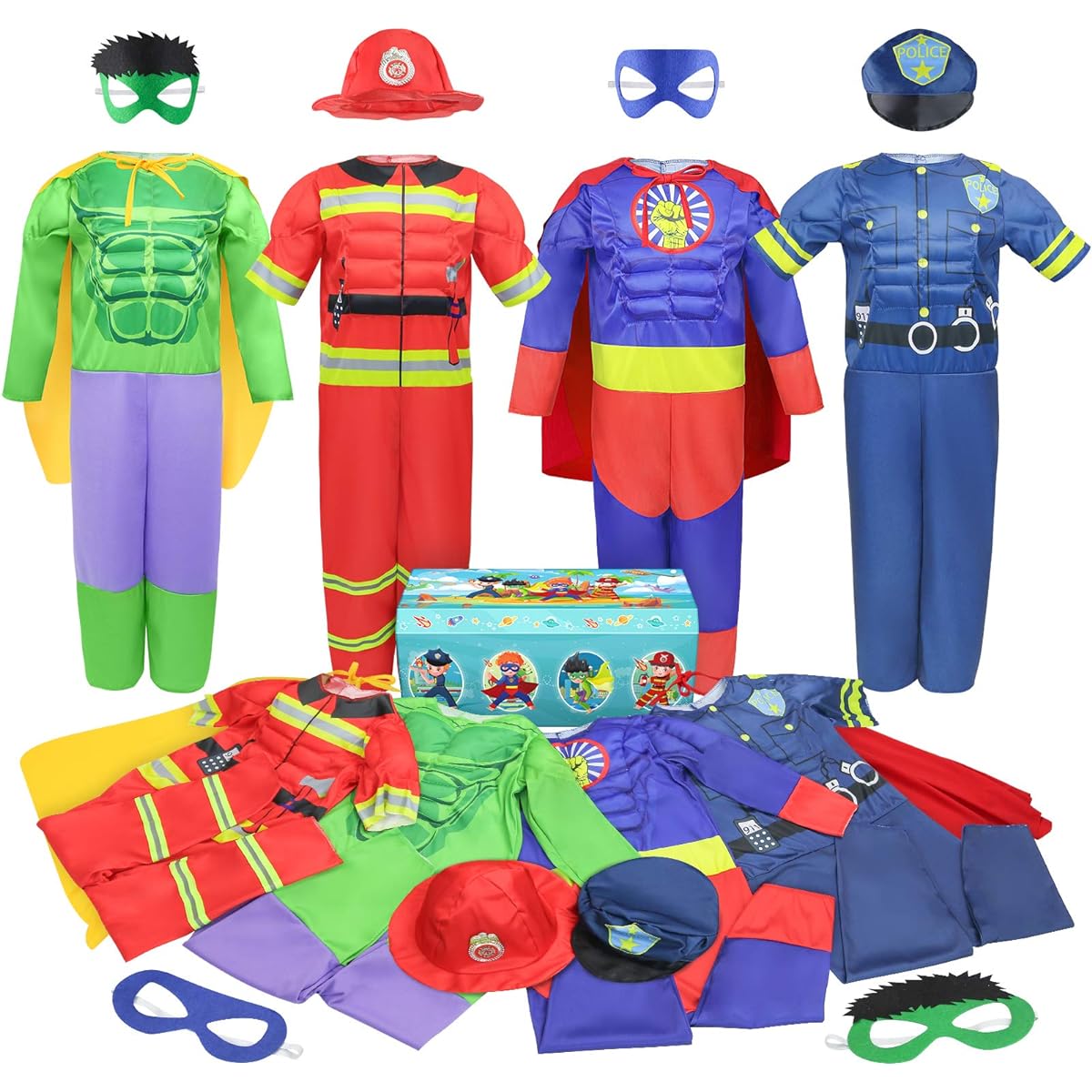 Teuevayl Boys Muscle Chest Dress Up Costume with Trunks Superhero Policeman Firefighter Costume Kids Pretend Play Costume Set Boys Dress Up Clothes Age 4-7