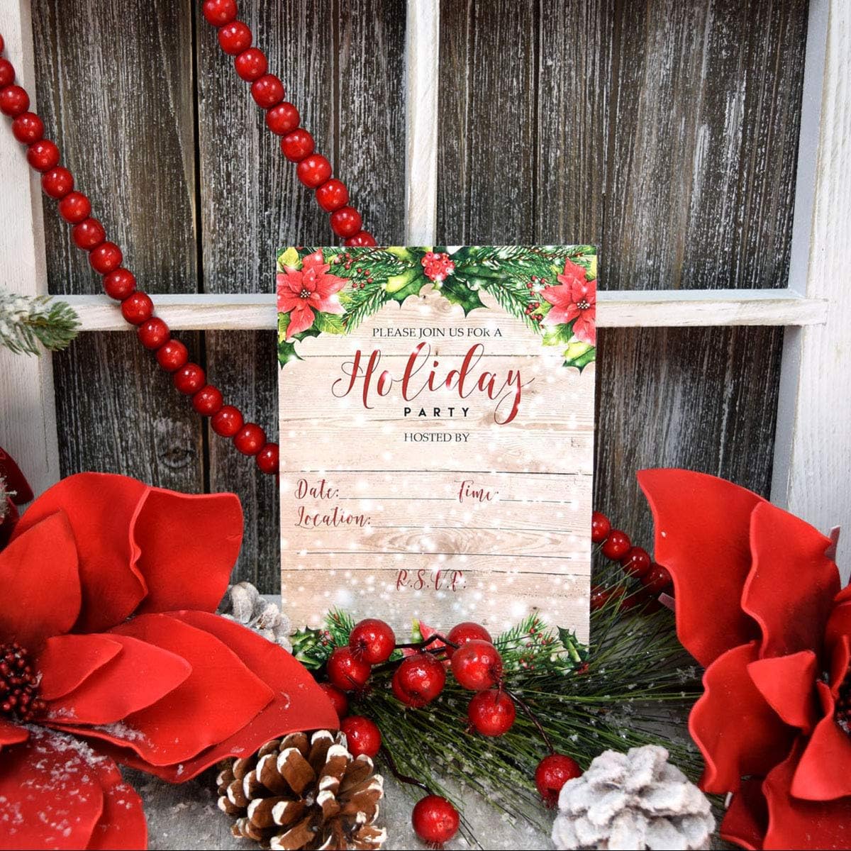 Amanda Creations Winter Snow Red Poinsettia Holiday Party Invitations - 20 5"x7" Cards - 20 White