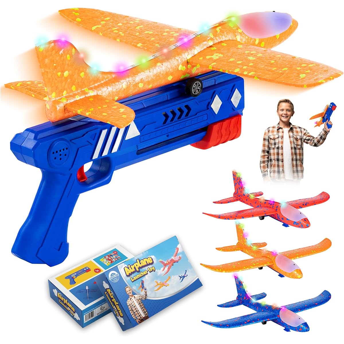 Advanced Group Corp. Airplane Launcher Toy | 3 Pack - Flying Glider Foam Planes Kids Outdoor Toys with Flashing LED Lights - Great Birthday Gifts for Kids 4 5 6 7 8 9 10 11 12 Boys & Girls Ages 4-12
