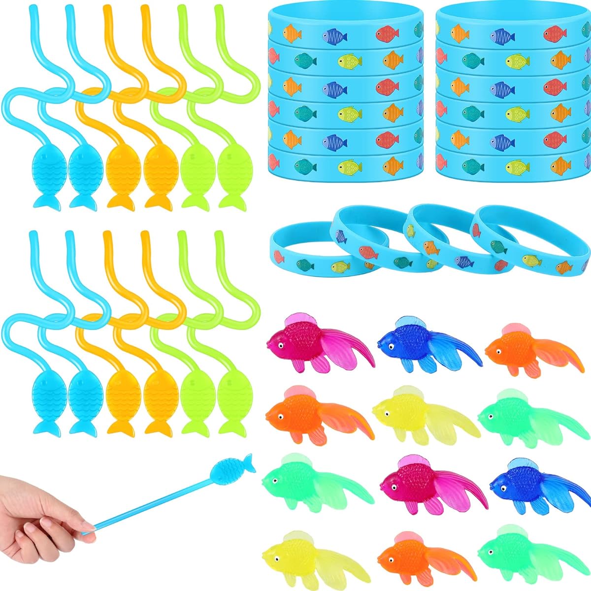 Liliful 90 Pieces Fishing Themed Party Favors with 30 Fish Themed Silicone Bracelets Wristbands, 30 Sticky Fish Toys, 30 Plastic Mini Goldfish Fish Birthday Party Favors Decorations Supplies