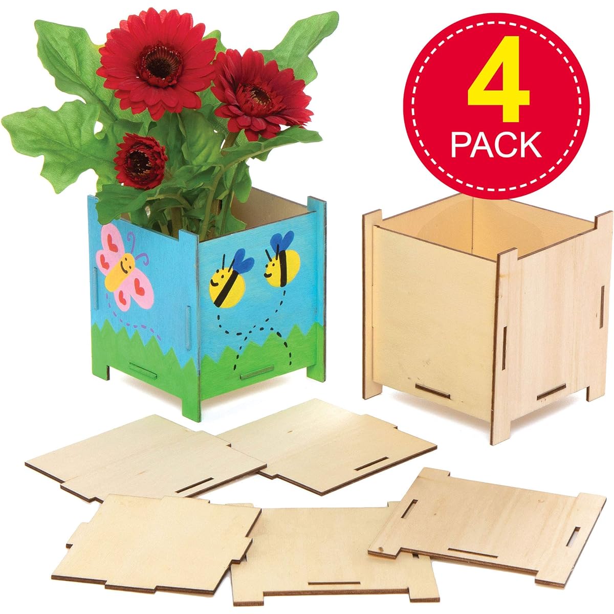 Baker Ross Assorted Wooden Flower Pot Kits Creative Arts & Crafts Supplies for Kids to Personalize and Decorate (4 Pack)
