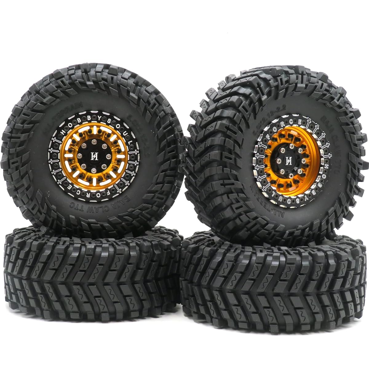 HOBBYSOUL RC 2.2 Tire Tyre 127mm/5.0inch & Aluminum 2.2 Beadlock Wheel Rim Gold & Black for 1/10 Mud Rock Crawler Truck Axial Yeti Capra SCX10 Traxxas trx4 Redcat Gen8