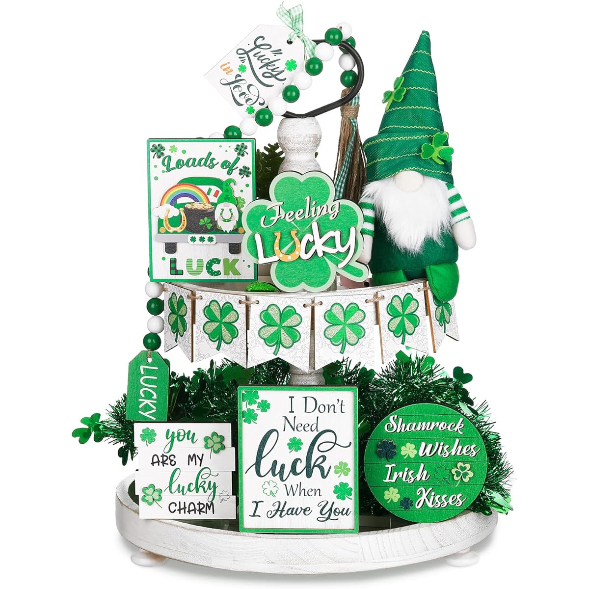 St. Patrick's Day Tiered Tray Decorations, 14 Pieces St. Patrick's Day Gnome Plush Toy 3D Wooden Centerpiece Table Sign Wooden Flag Decor Indoor Home Kitchen Decor