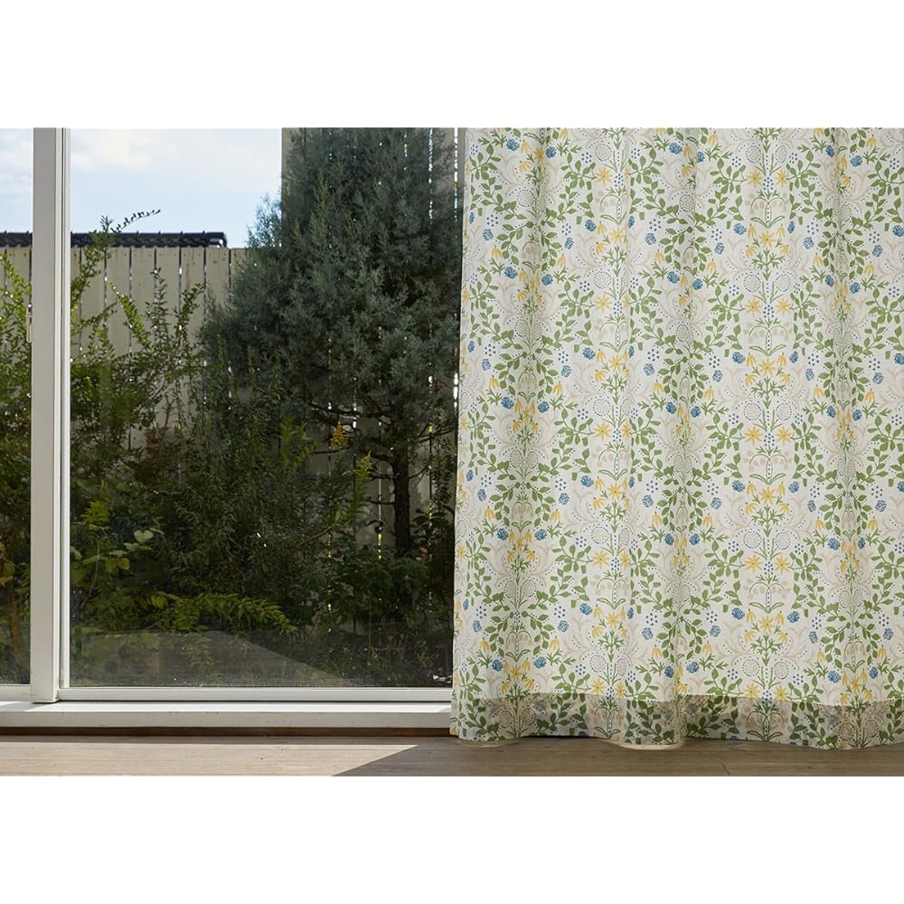 Quarter Report Curtains Available in 16 Sizes Send you flowers Green Width 100 x Length 220cm Set of 2 Cotton Linen [Made in Japan] (Rieko Oka)