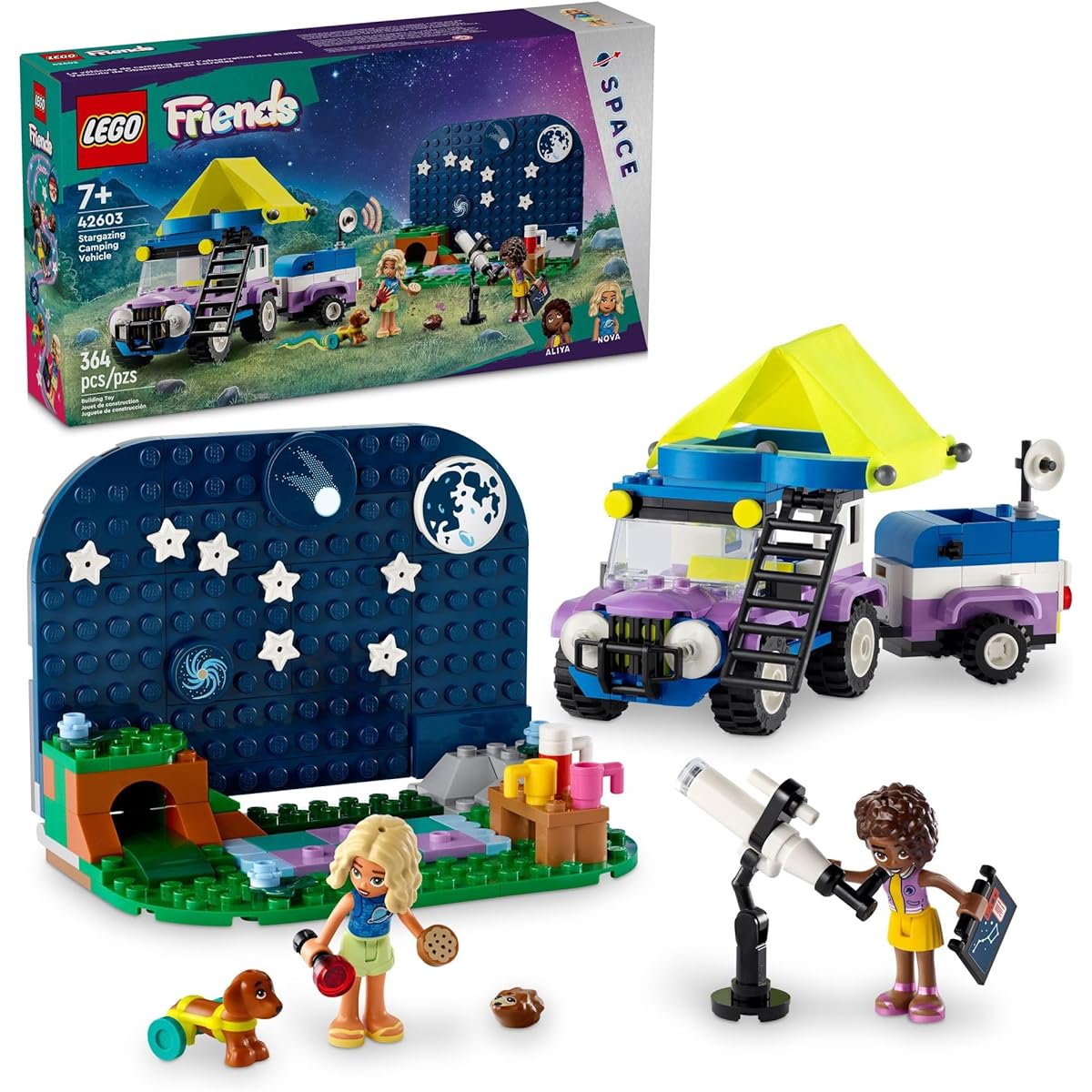 LEGO Friends Stargazing Camper Adventure Toy with 2 Mini Dolls, Camping Trailer, Telescope Toy, Dog Figure, Science Toy Gift for Ages 7+ Boys Kids 42603