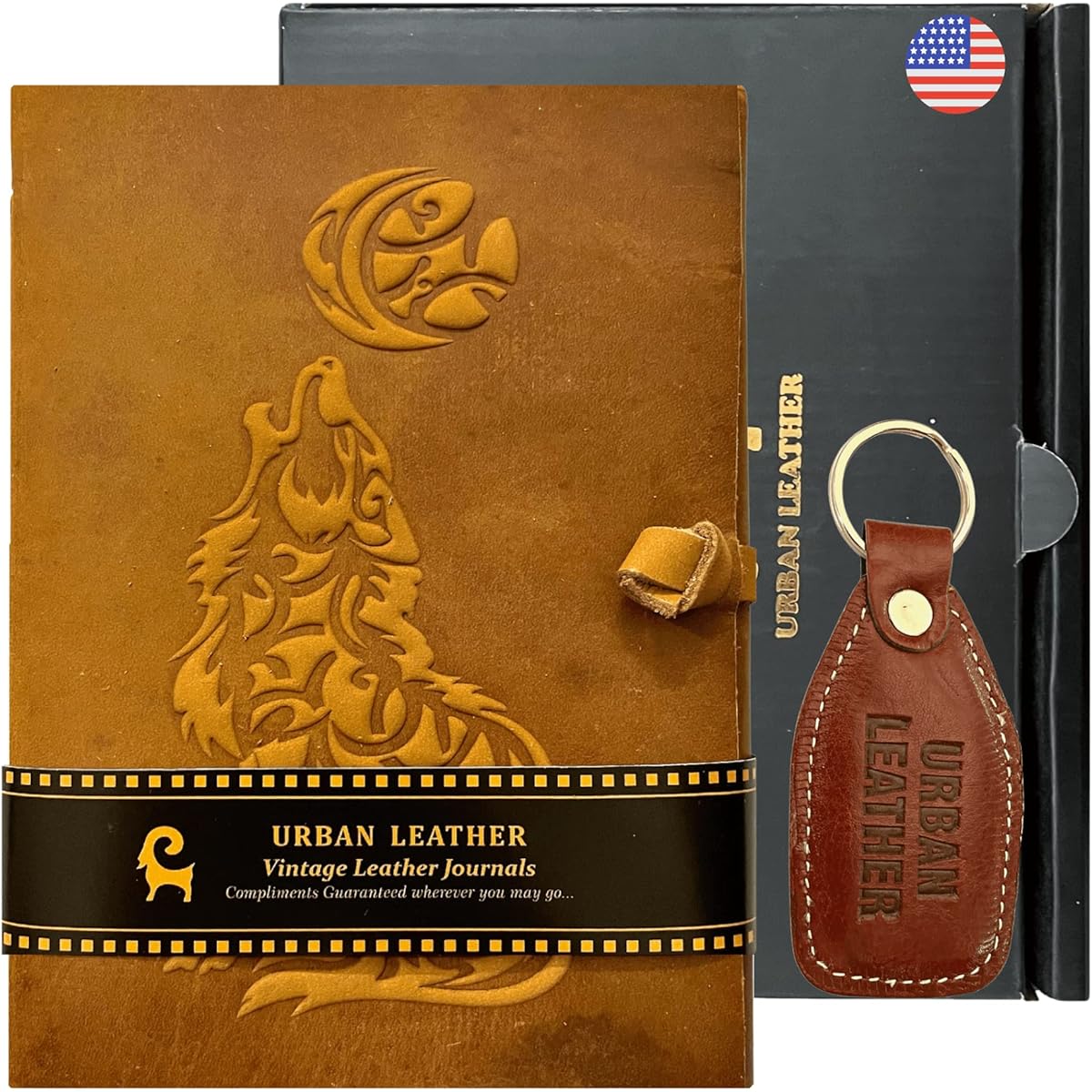 Urban Leather Howling Wolf & the Celtic Moon Embossed Rustic Vintage Leather Travel Journal for Men and Women Writing Sketchbook Scrapbook Writing Notebook for Him and Her - Thick Unlined Paper