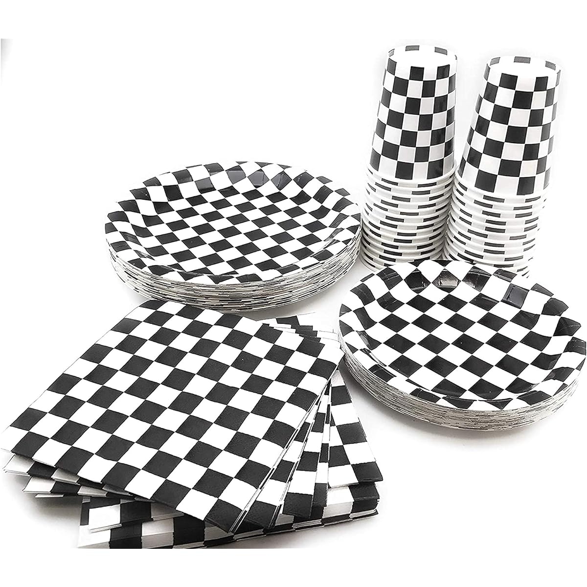 Serves 30 | Essentials Party Pack | Black and White Checkered | 9" Dinner Paper Plates | 7" Dessert Paper Plates | 9oz Cups | 3-ply Napkins | 1 Happy Birthday Banner | 2 Table Covers | 20 Photo Props | Race Car Party Theme