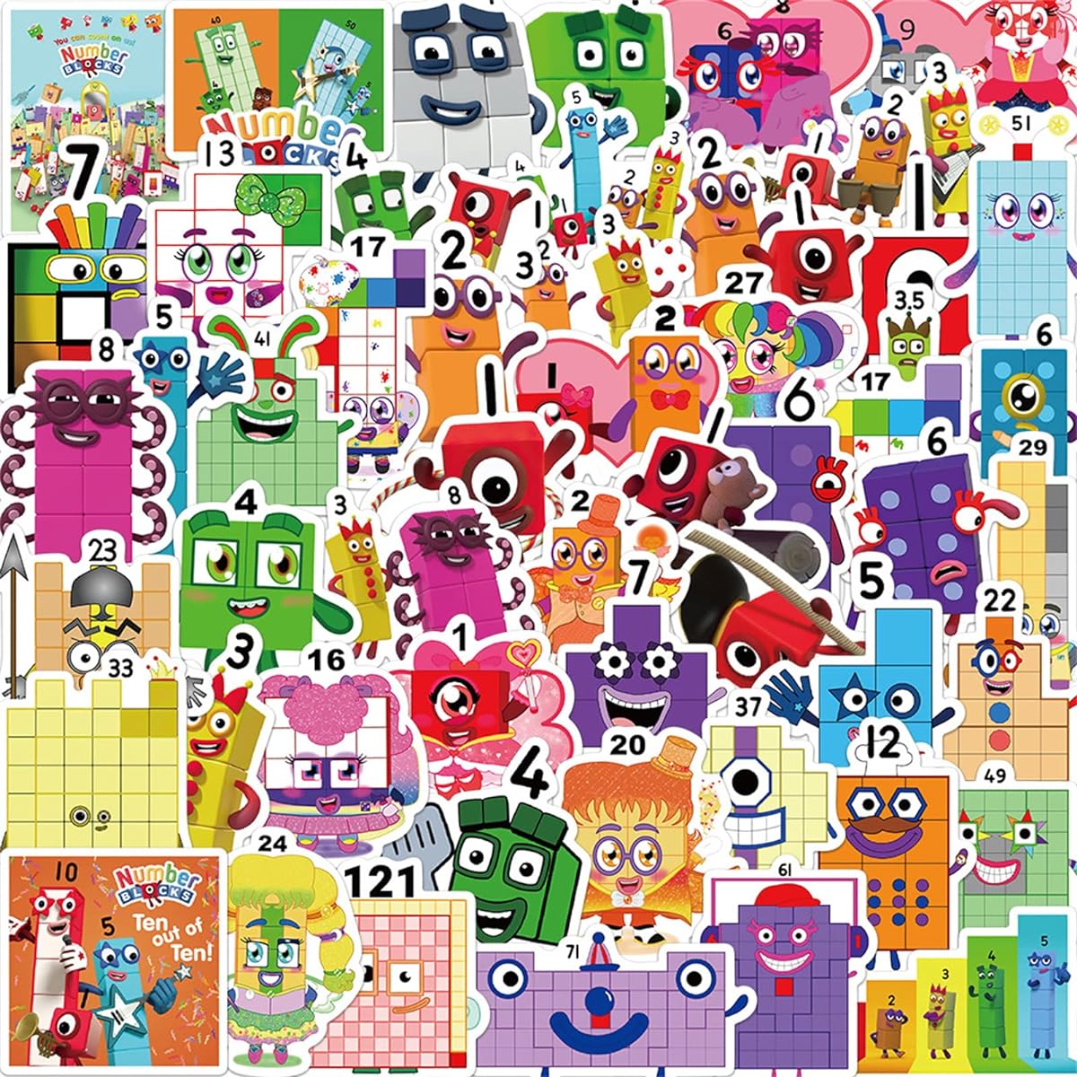 52pcs Number Block Stickers for Kids Building Blocks Bricks Toys Vinyl Waterproof Stickers for Laptop Guitar Bike Skateboard Luggage Phone Gifts for Kids Teens Birthday Party