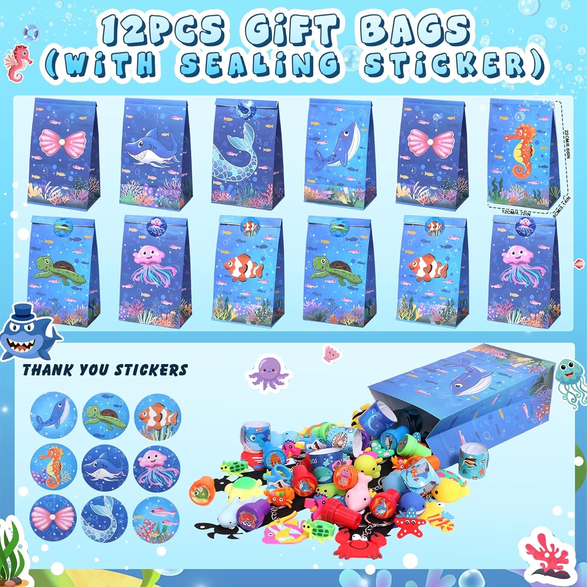 Winrayk 148pcs Undersea Party Favors Birthday Supplies Kids Ocean Sea Animal Toys Gift Bags Squishy Bookmarks DIY Stickers Stamps Keychains Bracelets Rings Goodie Bag Stuffers Sea Birthday Party Favors (Blue, One Size)