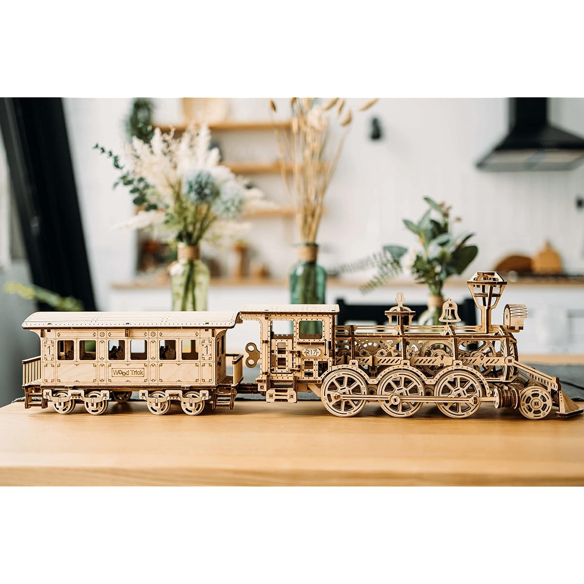Wood Trick Wooden Toy Locomotive Set with Tracks 34 x 7 Inch Locomotive Toy Mechanical Model Kit 3D Wooden Puzzle for Kids and Adults Engineering DIY Wooden Model Building Model Kit for Adults