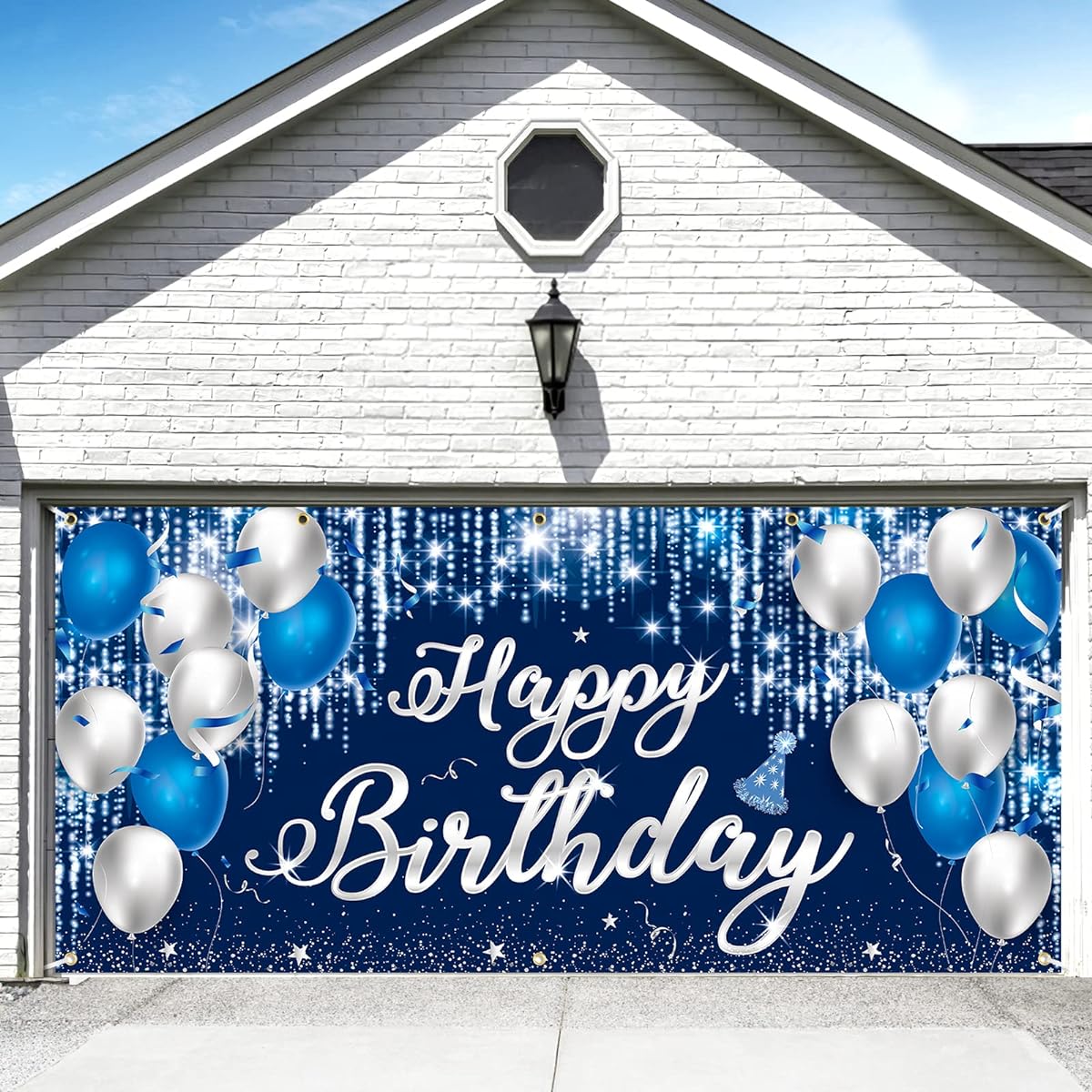 Navy Blue Birthday Garage Door Banner Decoration 6x13ft Blue Silver Happy Birthday Garage Door Cover Backdrop Unisex Boys Girls Birthday Party Indoor Outdoor Large Garden Fence Banner Supplies