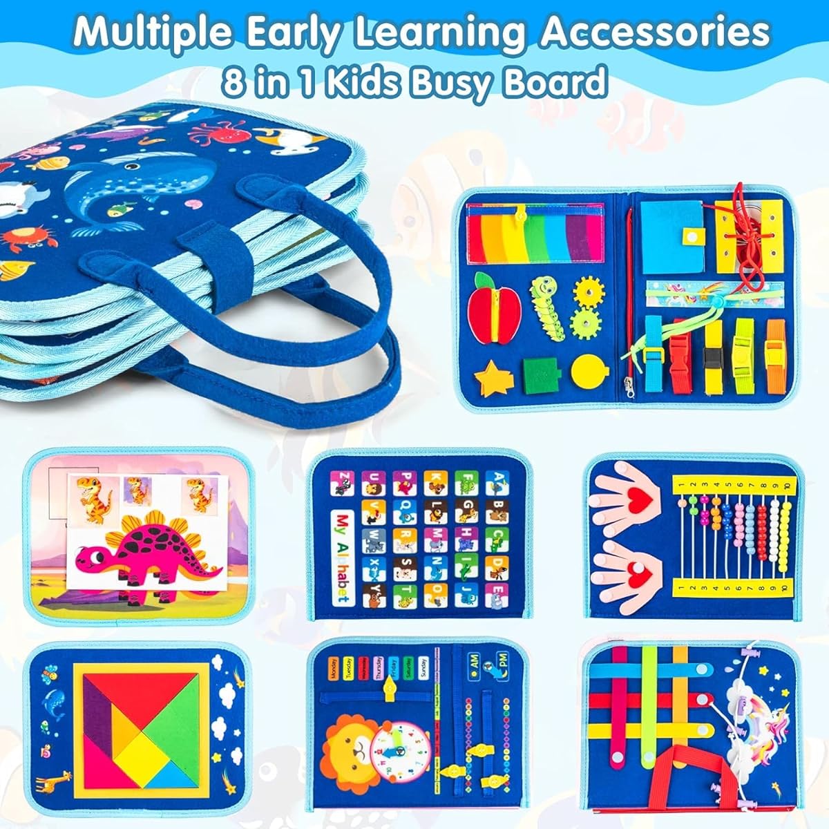 Toddler Busy Board Montessori Toy for 1 2 3 4 Years Old Baby Sensory Board with Buckle Educational Activities for Learning Fine Motor Skills Gift for Girls Boys Airplane Car Travel Book Blue