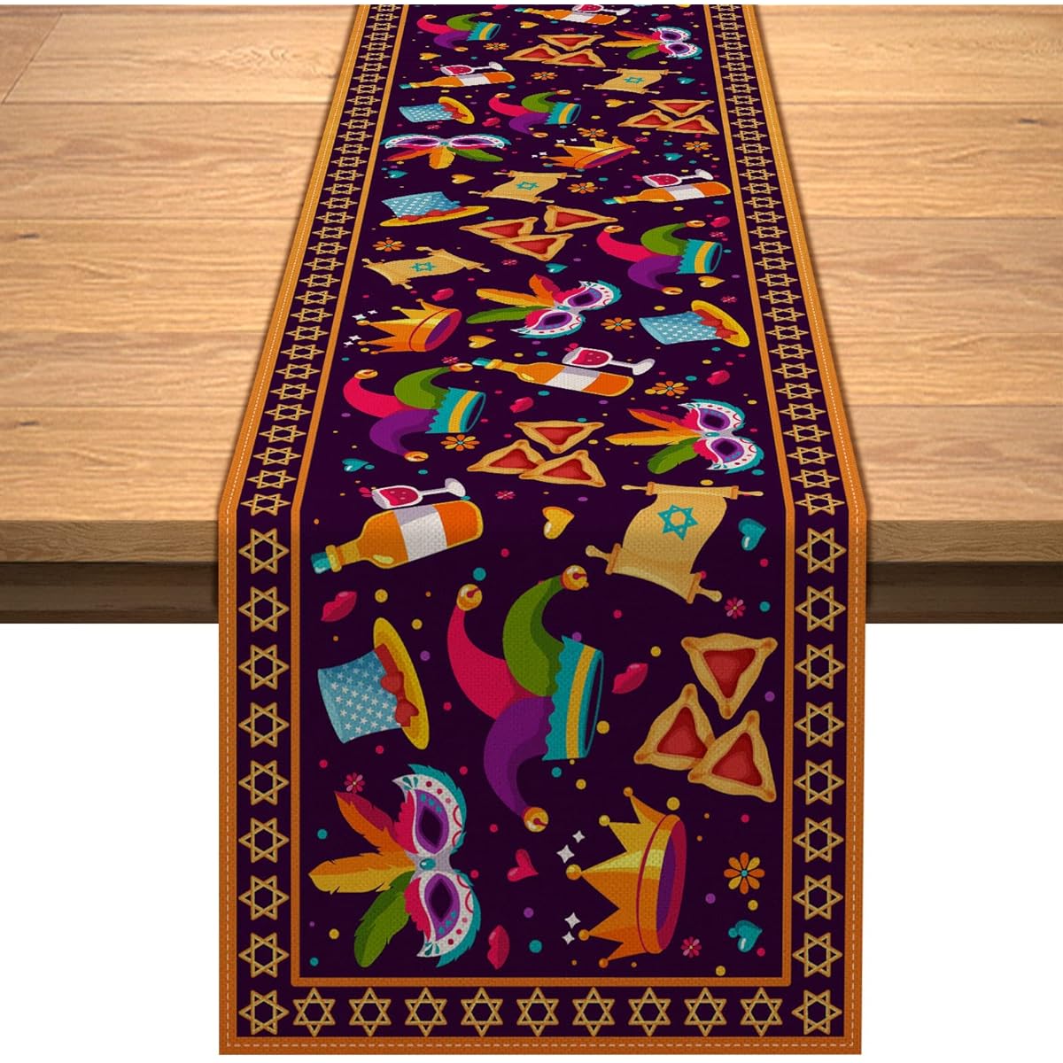 Vohado Purim Table Runner Jewish Holiday Carnival Party Circus Clown Table Cover Hamantaschen Hat Mask Glagger Tablecloth Rustic Linen Indoor Outdoor Holiday Party Table Decor