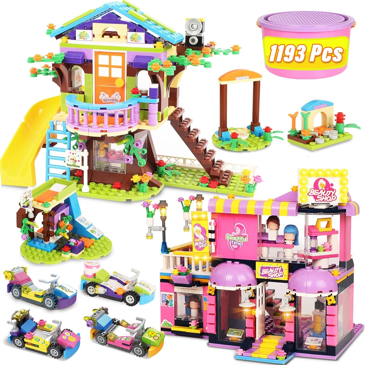 Treehouse Building Blocks Set Toy House for Kids Girls 1193 Pieces Hairdressing Hair Salon Creative Building Bricks Blocks Kit STEM Learning Role Play Gift Toy with Storage Box