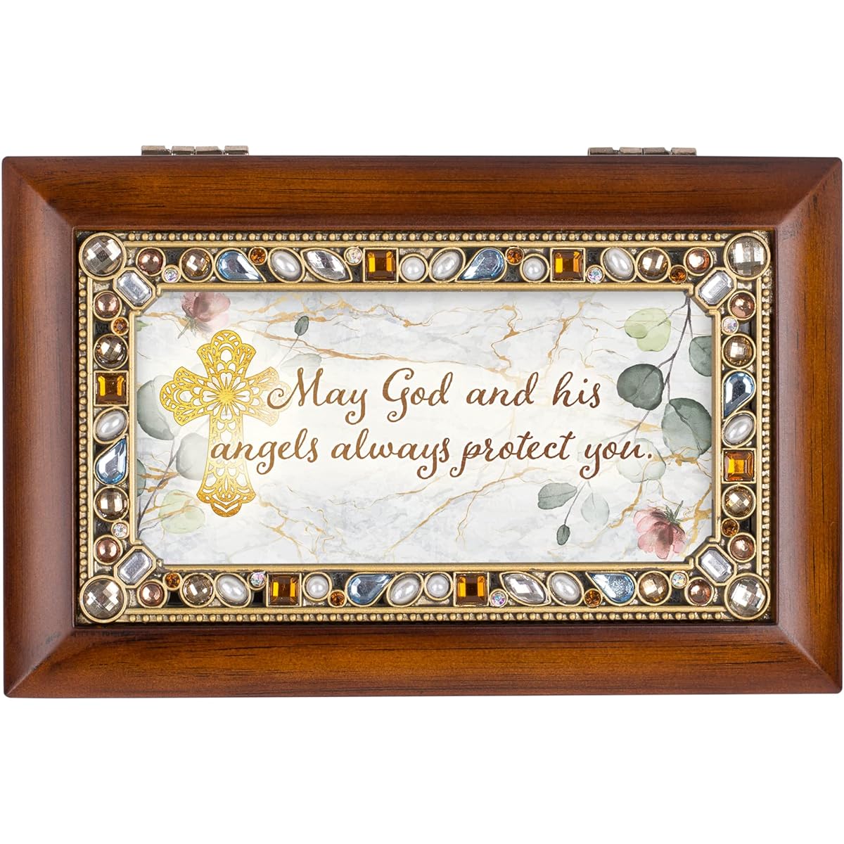 Cottage Garden May Him & His Angels Protect You Woodgrain 7 x 4 MDF Wooden Music Box Curved Amazing Grace