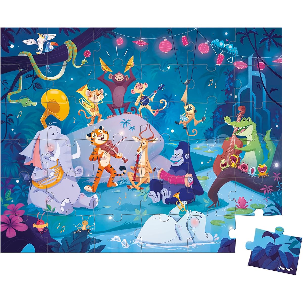 Janod 36 Piece Jigsaw Puzzle for Kids - Summer Festival - Gift Carry Case with Fabric Handles - Whimsical Jungle Concert - Ages 4-8 - J02539