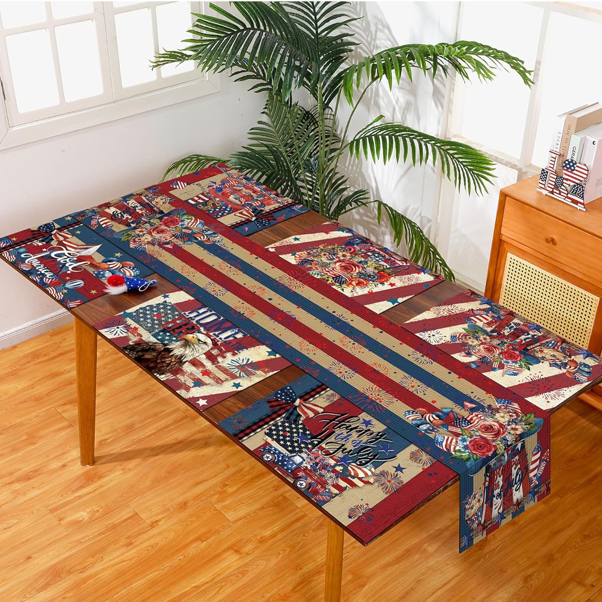 Pickmesh 7 Piece 4th of July Table Runner and Placemat Set 72 x 13 Inch, Patriotic Table Runner 18 x 12 Inch, Star Pattern, Washable for Independence Day Party Decorations (Classic)