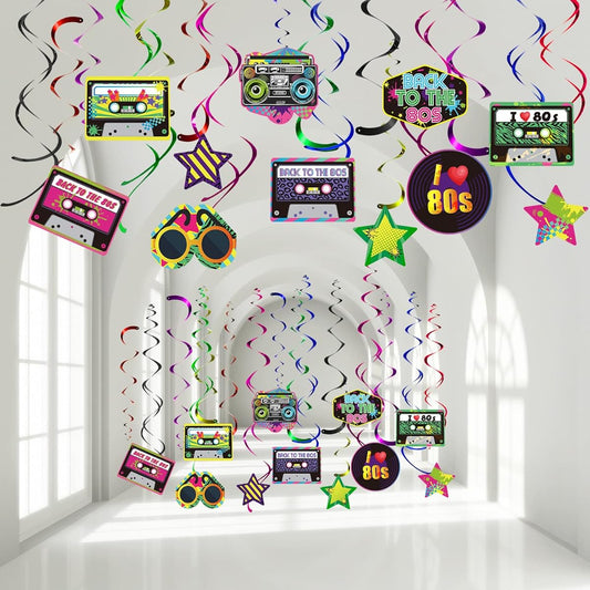 30 Pieces 80s Party Decorations, Retro 80s 1980s Party Hanging Swirls Ceiling Decor, Foil Double Spiral 80s Hip Hop Sign Hanging Swirls Decorations, 80s Party Theme Supplies