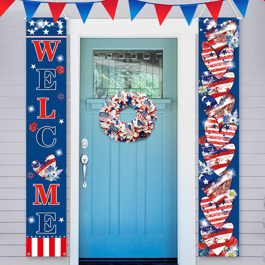 4th of July Door Porch Banner, Independence Day Welcome Porch Decorations, Memorial Day Patriotic Door Porch Sign for American Front Door Hanging Cover Banner Supplies Home Party Yard Outdoor Decor 2pcs