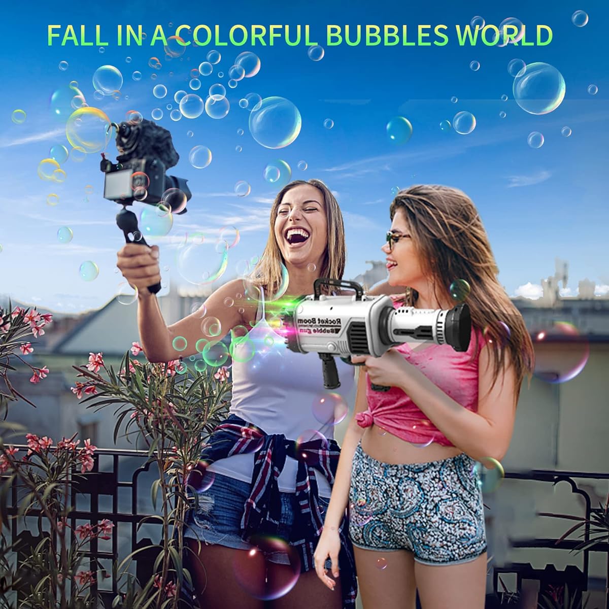 AZfiner Bubble Machine Gun - 64 Holes Bubble Machine with Light Electric Bubble Maker with Bubble Solution Bubble Blower Summer Toys Kids Bubble Maker for Wedding Birthday Party - Black